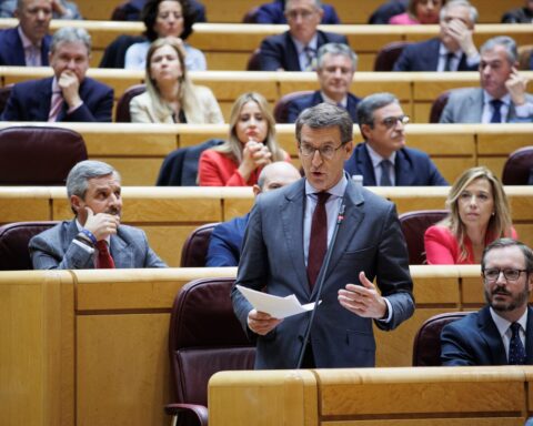 El líder del Partido Popular, Alberto Núñez Feijóo, interviene durante una sesión de control al Gobierno en el Senado. Alejandro Martínez Vélez / Europa Press