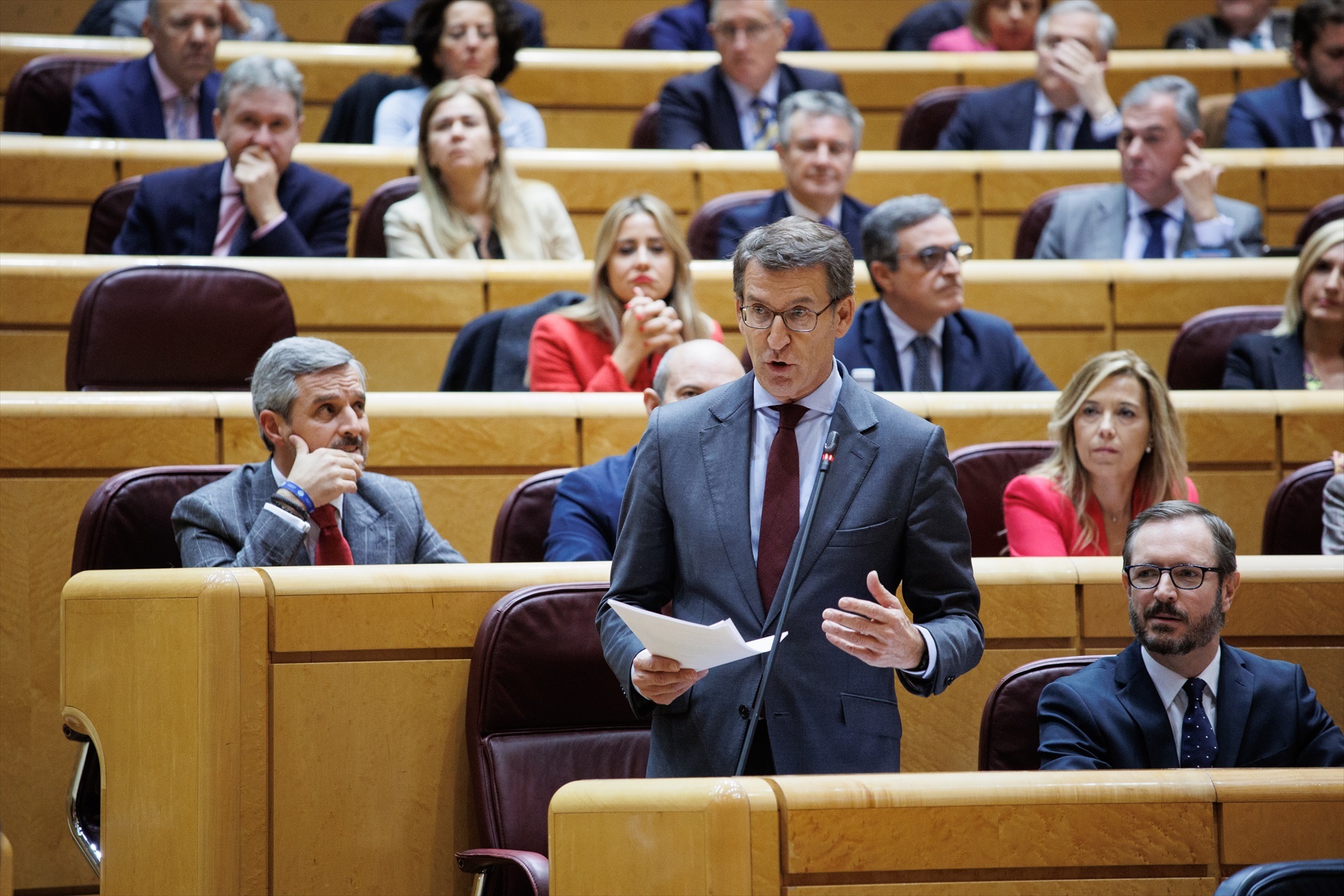 El líder del Partido Popular, Alberto Núñez Feijóo, interviene durante una sesión de control al Gobierno en el Senado. Alejandro Martínez Vélez / Europa Press