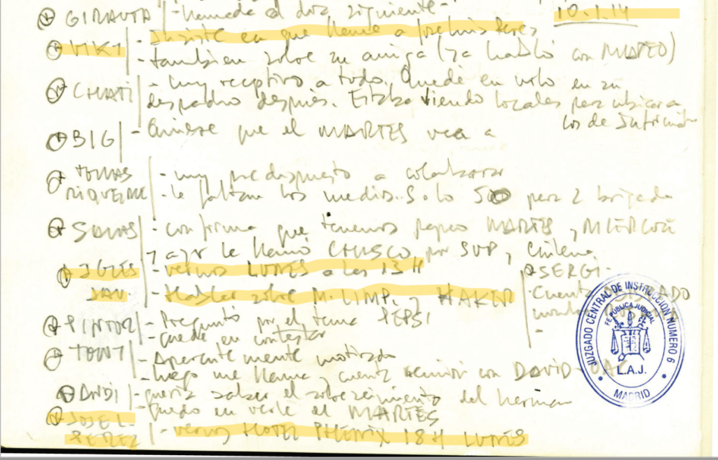 Extracto de la agenda del comisario del 10 de enero de 2014.