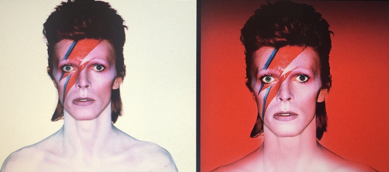 Dos versiones de Aladdin Sane ‘Eyes Open’. Photo: Duffy. 1973. Duffy Archive e& David Bowie Archive