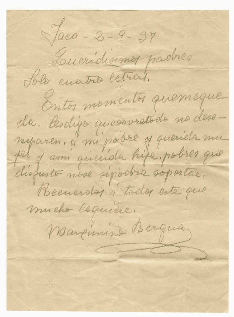 Carta de despedida de Maximino Lalaguna.